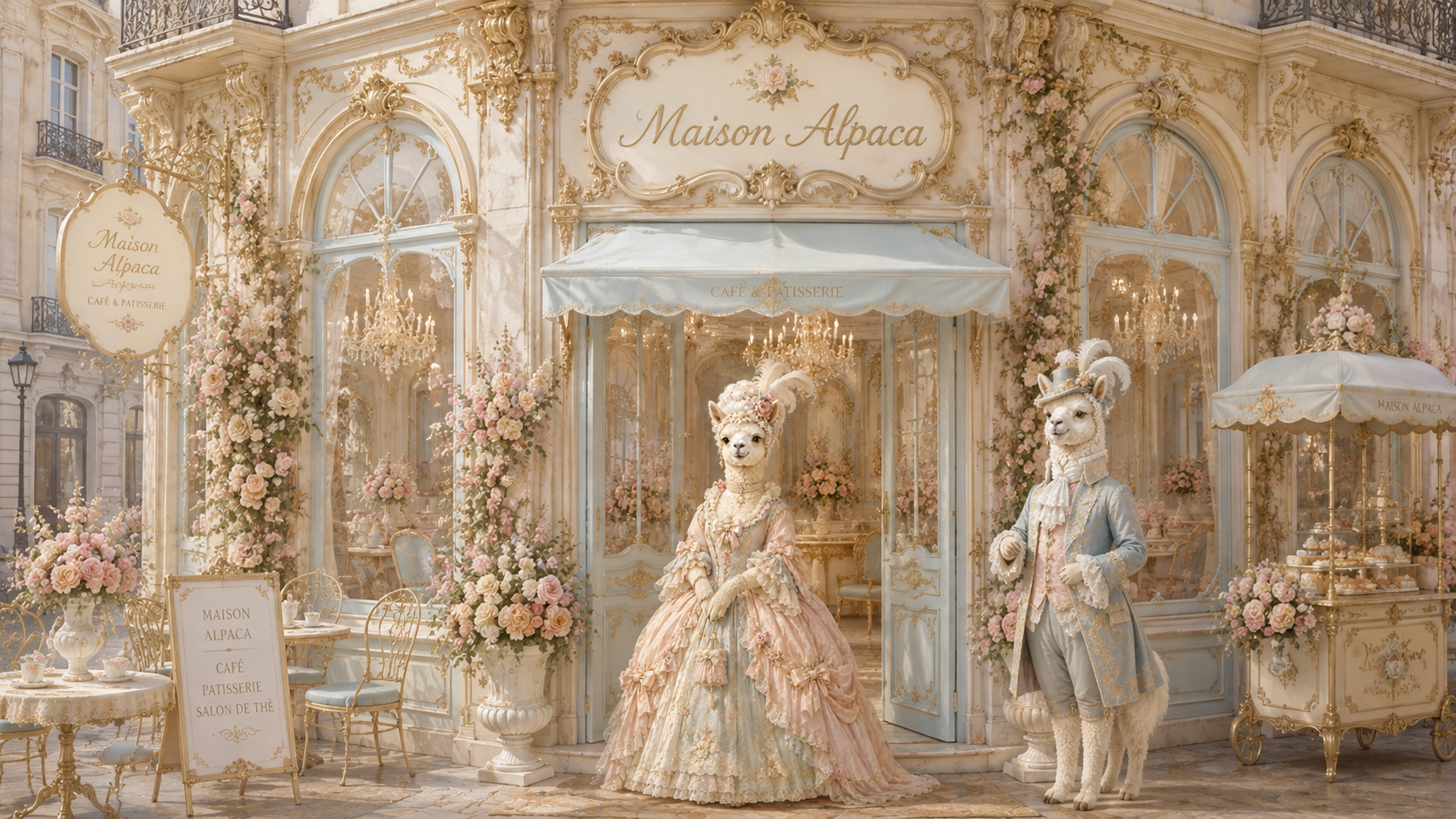 花々とゴールドの装飾に彩られた「メゾン アルパカ」の店構え、ドレス姿のアルパカたちが出迎える