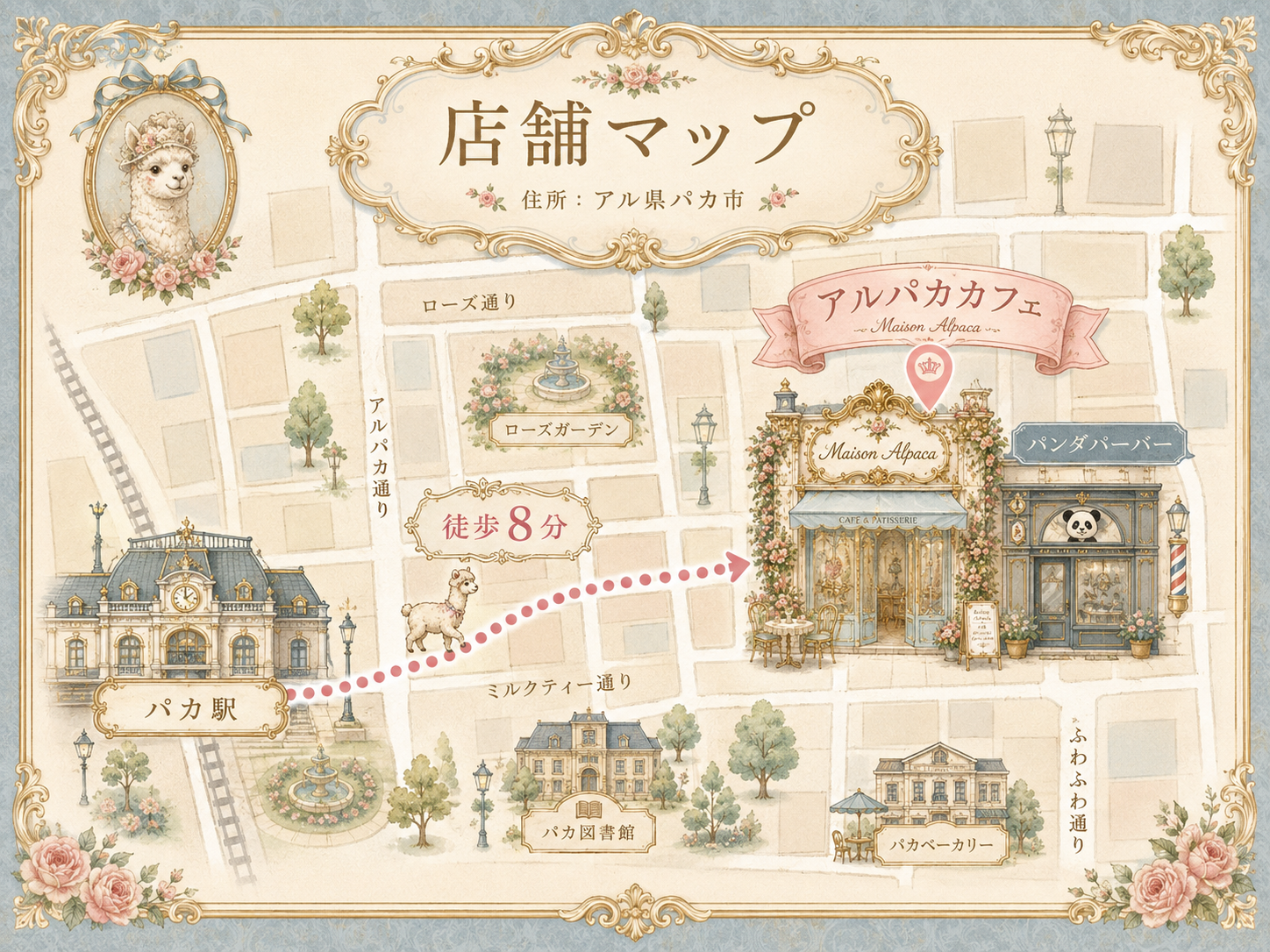 店舗マップ。パカ駅からアルパカカフェ(Maison Alpaca)まで徒歩8分、ローズ通り・ミルクティー通りを通るルート